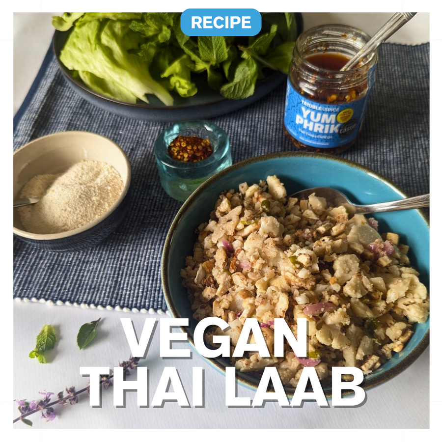 Vegan Thai laab with cauliflower, tofu, fresh herbs and lettuce cups, served with Yum Phrik crispy chilli oil