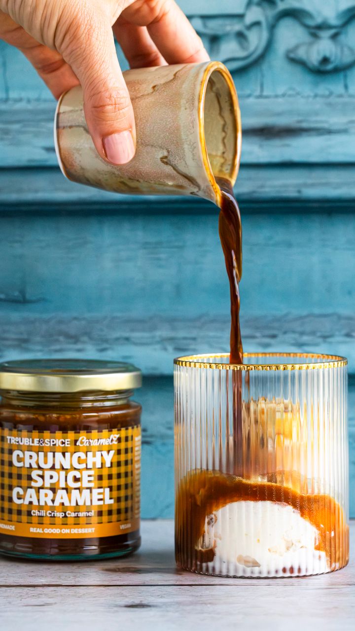 Caramel spice affogato with jar Trouble & Spice Crunchy Spice caramel spread.