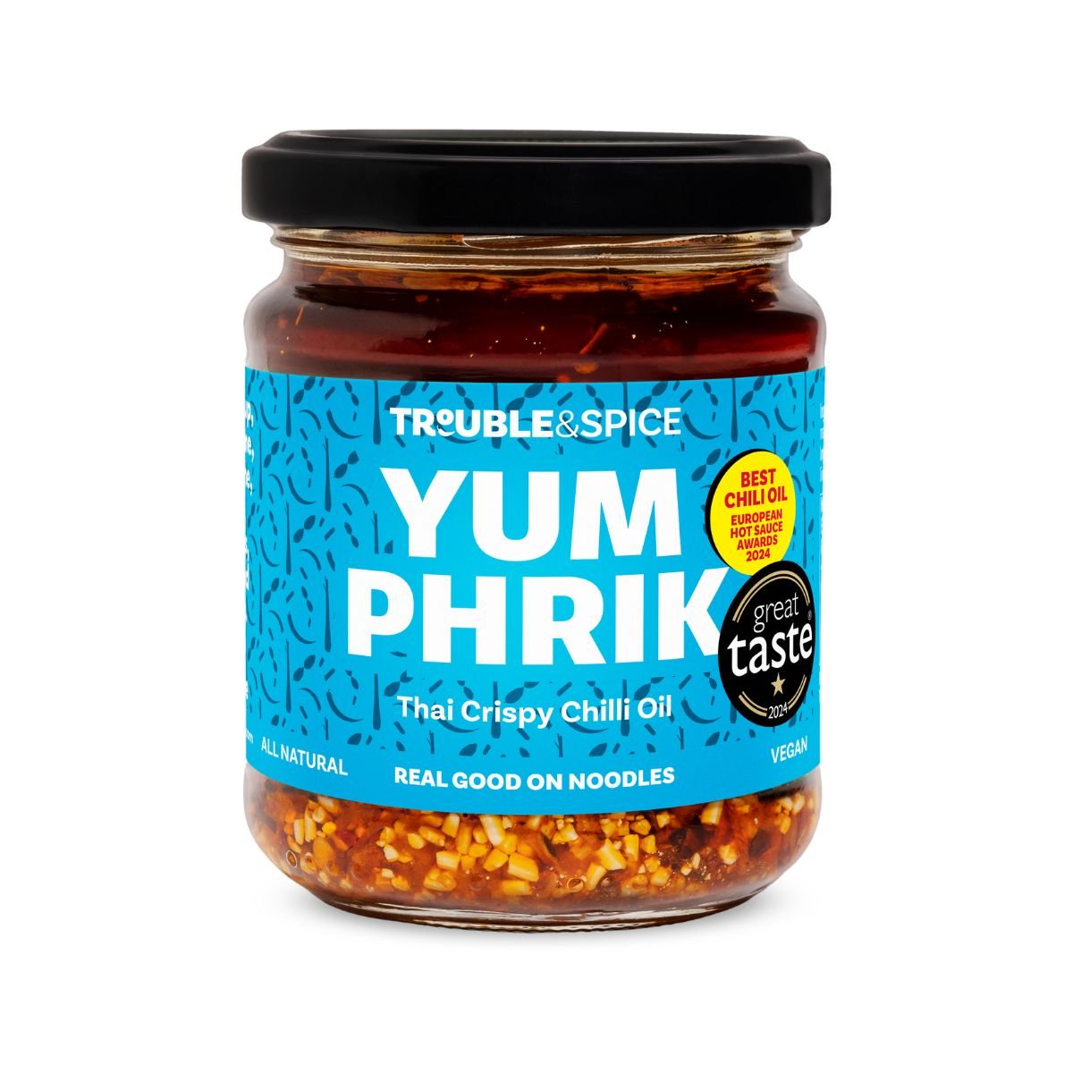Jar of Thai Yum Phrik crispy chili oil, labeled as chili olie.