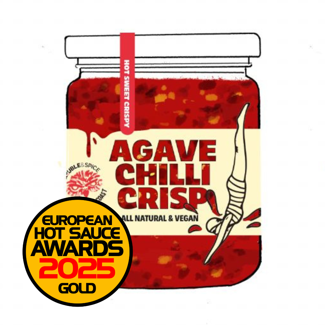 Illustrated jar of Agave Chilli Crisp labeled “Hot, Sweet, Crispy” with a white chilli pepper on the front. A gold badge on the jar reads “European Hot Sauce Awards 2025 – Gold.”