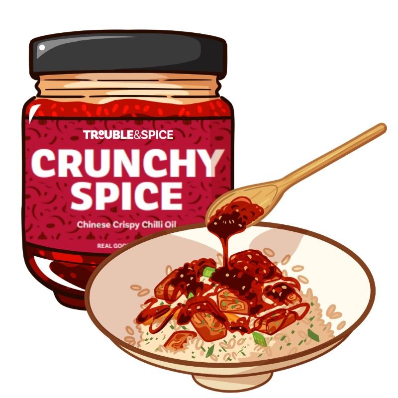 Illustration of Trouble & Spice Crunchy Spice Chinese crispy chilli oil - chili olie served over a bowl of rice with a wooden spoon drizzle.