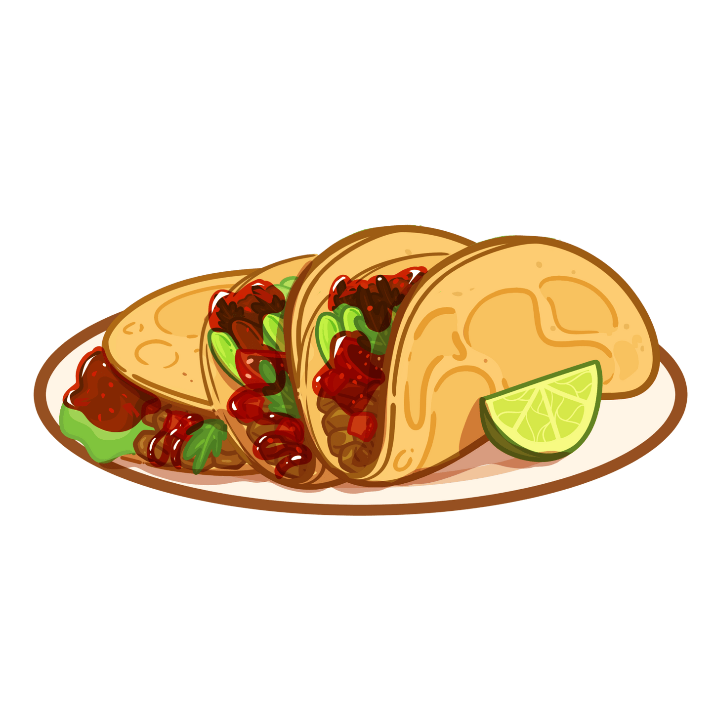 Illustration of three loaded tacos filled with meat, greens, and salsa, served on a plate with a lime wedge.