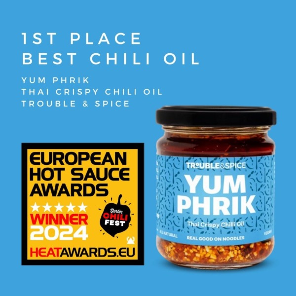 Yum Phrik Thai crispy chilli oil (chili olie) jar awarded 1st place at the 2024 European Hot Sauce Awards