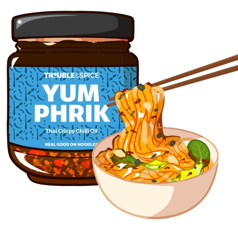 Illustration of a Trouble & Spice Yum Phrik Thai crispy chilli oil - chili olie jar next to a bowl of spicy noodles being lifted with chopsticks.