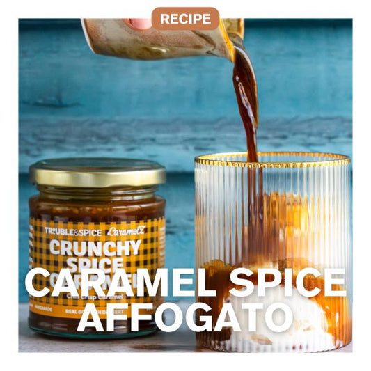 Caramel spice affogato with crunchy spice caramel chilli oil trouble and spice vegan recipe 