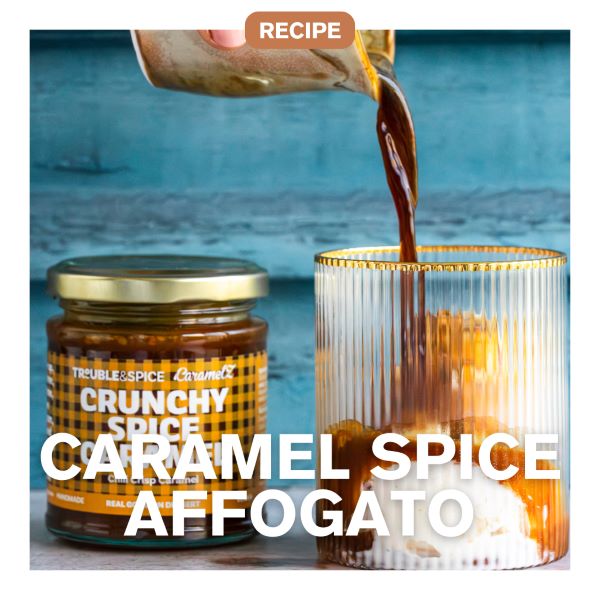 Caramel spice affogato with crunchy spice caramel chilli oil trouble and spice vegan recipe 