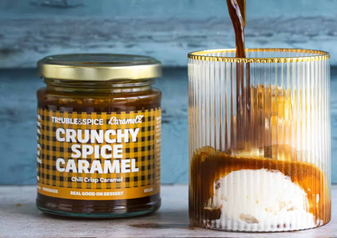 Caramel spice affogato with crunchy spice caramel chilli oil trouble and spice vegan recipe 