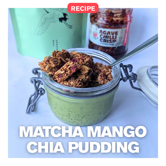 Matcha mango chia pudding topped with Agave Chilli Crisp and granola