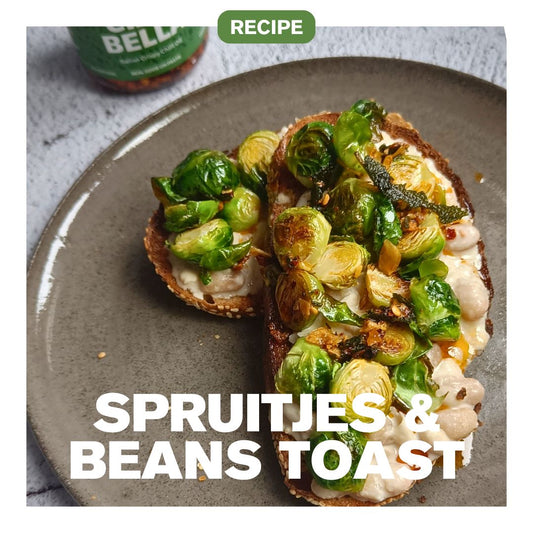 Sourdough toast with smashed white beans, crispy Brussels sprouts and Citir Biber Turkish crispy chilli oil