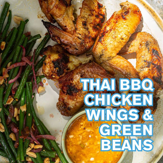 Thai BBQ chicken wings and green beans from Susan Aretz cookbook