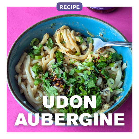 Udon Aubergine recipew with smokin senorita crispy chilli oil