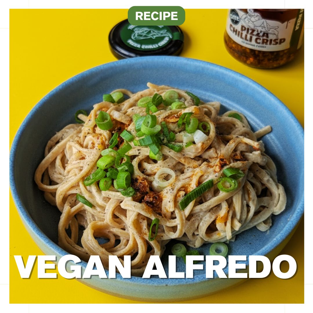 vegan alfredo with tofu and cashew milk and pizza chilli crisp 