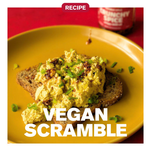 vegan scrambled eggs with tofu and crunchy spice crispy chilli oil