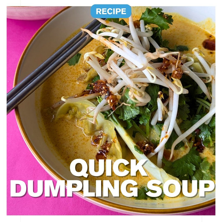 Viral dumpling soup in creamy coconut laksa broth with Yum Phrik Thai crispy chilli oil