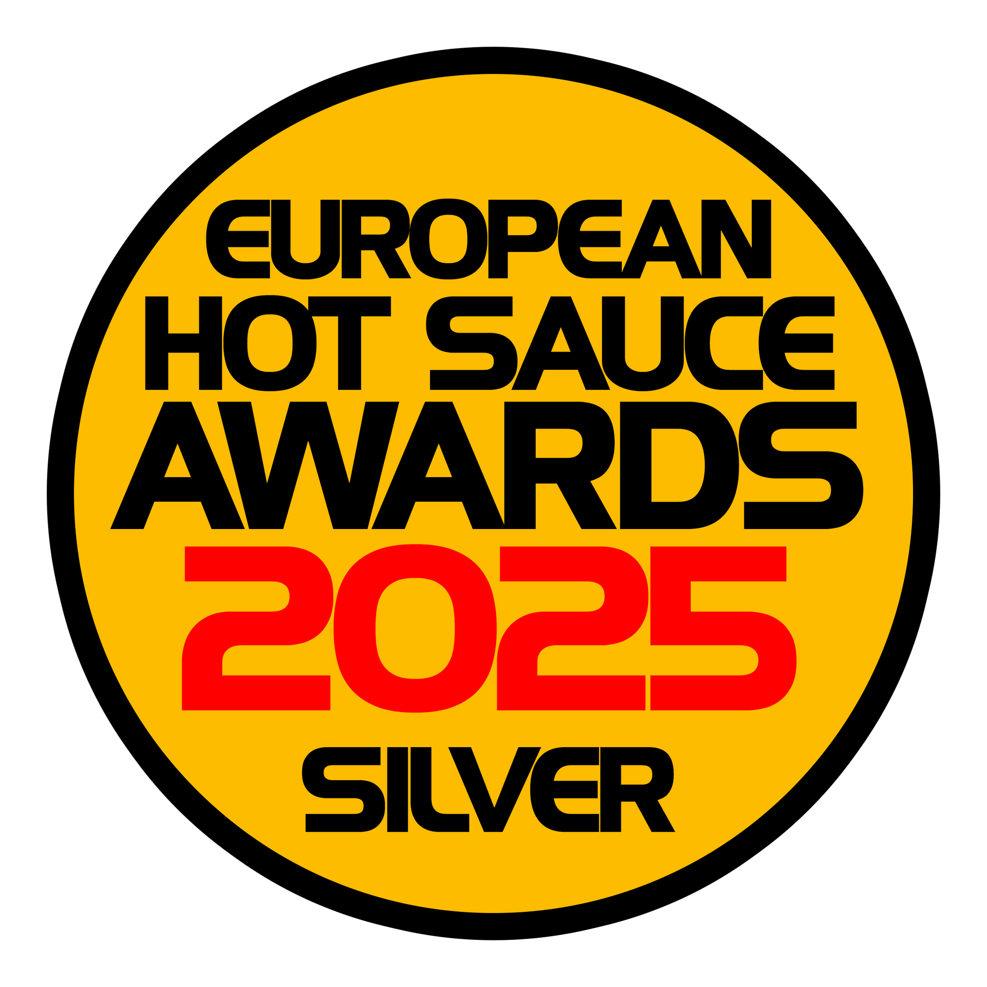 Yellow circular badge with bold black and red text reading "European Hot Sauce Awards 2025 Silver."
