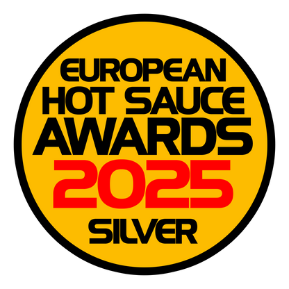Yellow circular badge with bold black and red text reading "European Hot Sauce Awards 2025 Silver."