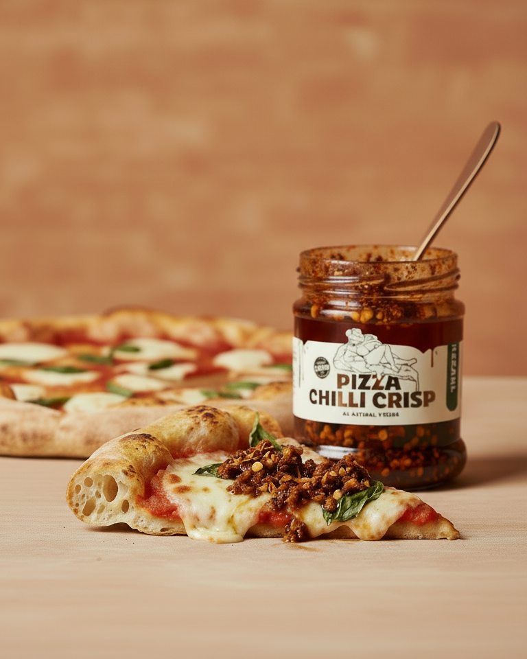 Jar of Pizza Chilli Crisp with a spoon on a slice of pizza against a brown background