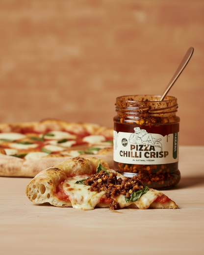 Jar of Pizza Chilli Crisp with a spoon on a slice of pizza against a brown background