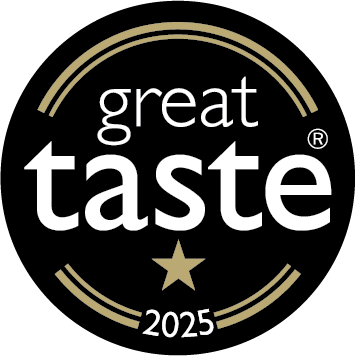 Black and gold circular badge displaying "Great Taste 2025" with a single gold star beneath the word "taste."
