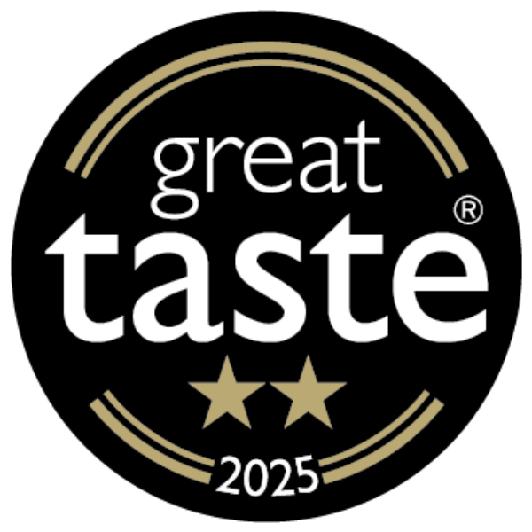 Black circular badge with gold trim reading "great taste 2025" and displaying two gold stars beneath the word "taste."