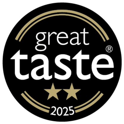 Black circular badge with gold trim reading "great taste 2025" and displaying two gold stars beneath the word "taste."